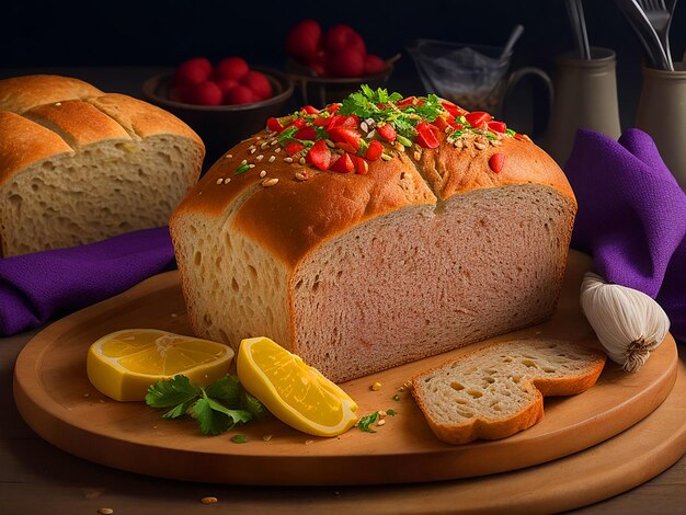 Professional photo of a beautifully plated perfectly wheat bread with vibrant colors and enticing pr