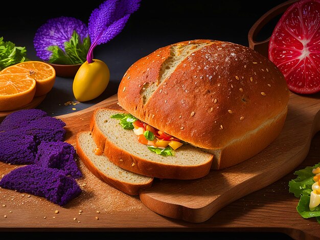 Профессиональное фото красиво накрытого идеального пшеничного хлеба с яркими цветами и соблазнительным рекламным роликом.