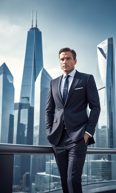 Professional photo shoot of business man in a suit standing in front of a cityscape with skyscrapers in the background