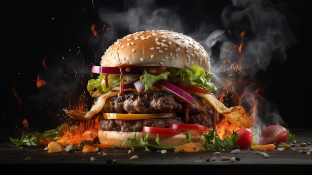 Professional photo shot of a tasty meat burger on a black background