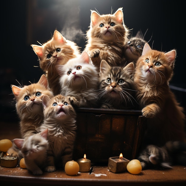 a professional photograph of many cats playing together