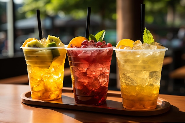 Professional photograph straighton view of three colorful cocktails