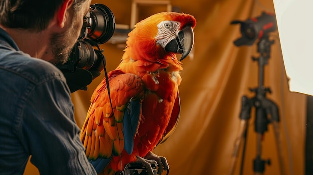 Foto fotografo professionista che cattura un pappagallo esotico in studio con luci e sfondo per la fotografia artistica