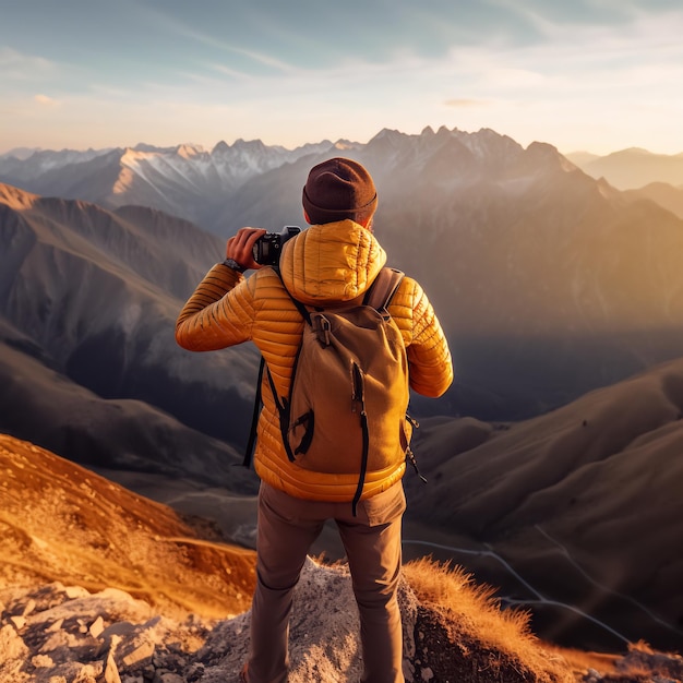 Professional photographer hiking and taking beautiful scenery on the mountain