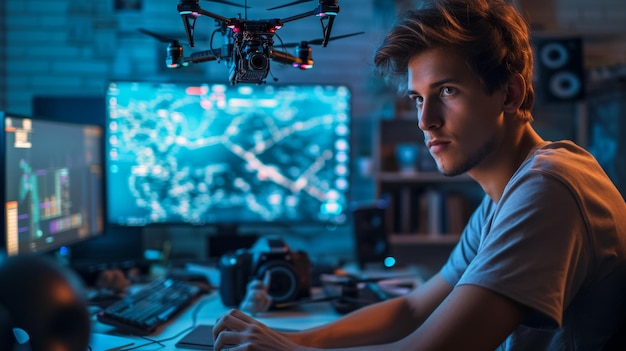 A professional photographer sets up a drone on a computer for filming modern technology makes everyd