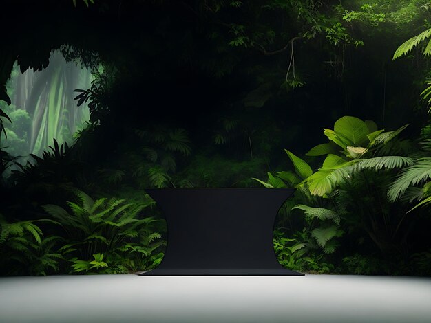 Professional photography of an empty space mockup podium with a jungle themed nature background