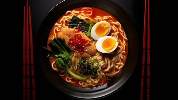 Foto immagine fotografica professionale della deliziosa zuppa di tagliatelle ramen in colori vivaci in stile arte digitale