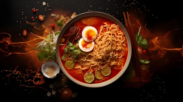 Foto immagine fotografica professionale della deliziosa zuppa di tagliatelle ramen in colori vivaci in stile arte digitale