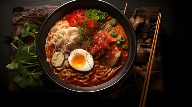 写真 鮮やかな色彩のデジタルアートスタイルで美味しいラーメンヌードルスープのプロの写真画像