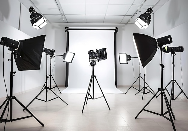 Photo professional photography studio with state of the art lighting equipment and white background ideal for portraits product shots and more