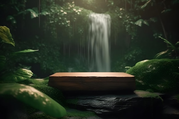 Professional photography with junglethemed podium and cascading waterfall Generative AI