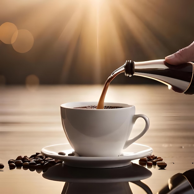 A professional photoshoot of a splash of coffee into a cup