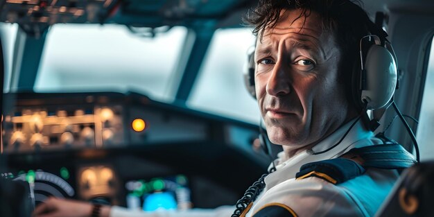 Foto pilota professionista nella cabina di pilotaggio di un aereo commerciale durante il volo focalizzato aviatore con cuffie close-up ritratto ai