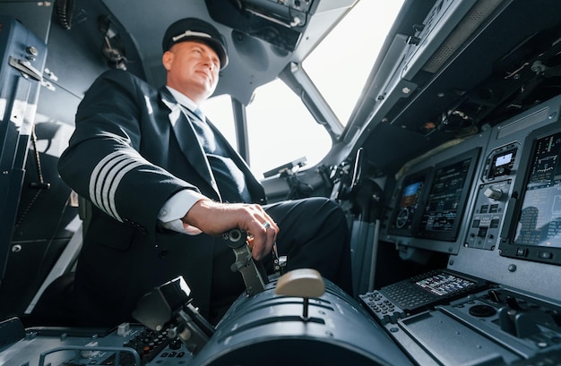 A professional pilot is in the cockpit Conception of work