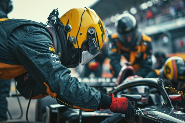 Photo professional pit crew changing the air filter on a race car during a pitstop