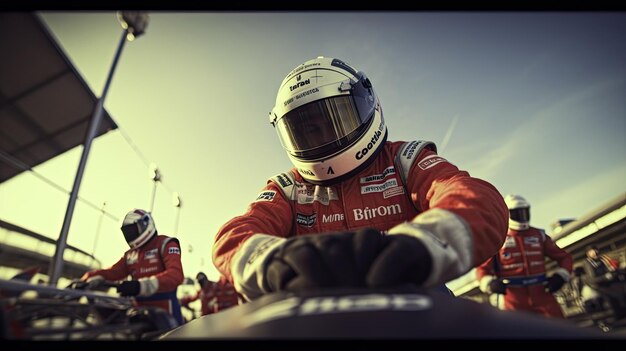 Professional pit crew ready for action as their team's race car arrives in the pit lane during a pitstop of a car race Motor sports competitive team racing Generative Ai