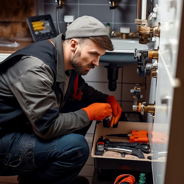 Photo professional plumber in modern bathroom