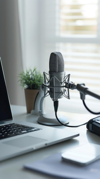 Professional podcast microphone setup with a laptop and green plant clean modern design