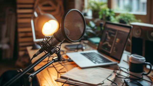 Professional podcast setup with sleek microphone laptop and stylish lamp on a closeup table in a modern home studio Ideal for recording highquality audio content