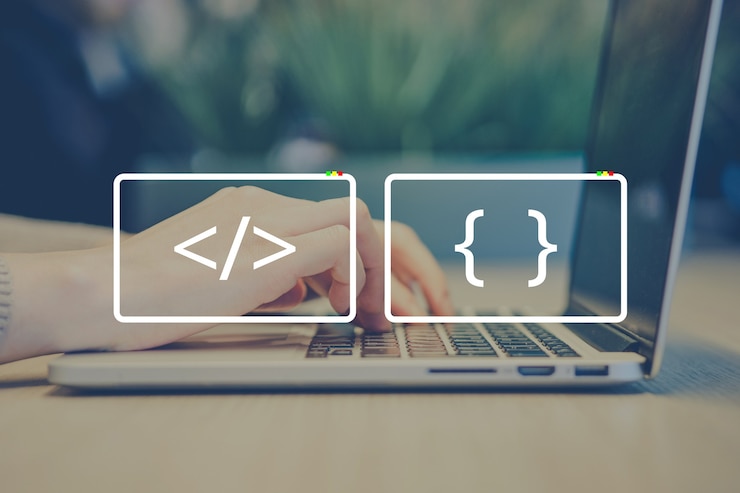 Photo professional programmer concept with abstract coding icons.