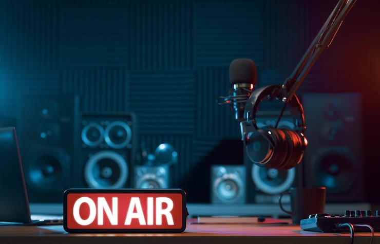 Photo professional radio station equipment and on air sign
