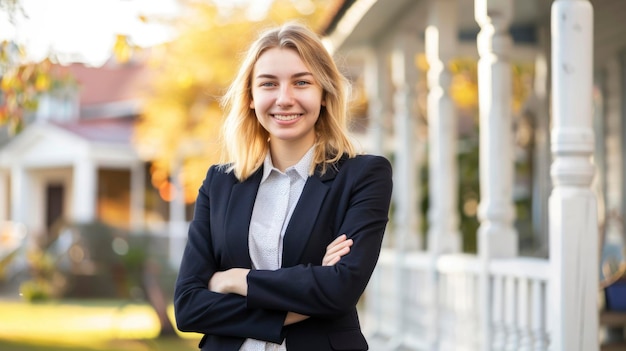 Professional real estate agent smiling confidently outside a property