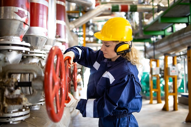 Professional refinery worker in protective uniform standing by\
natural gas pipes and closing valve