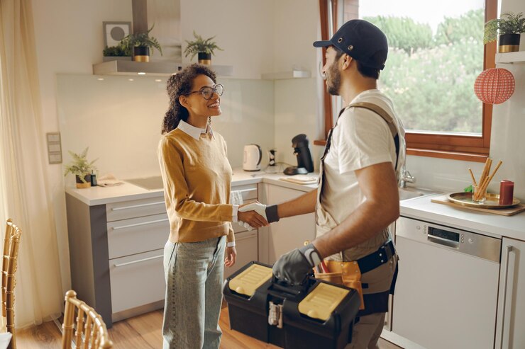 Photo professional repairman in uniform shaking hands with woman while standing at home kitchen