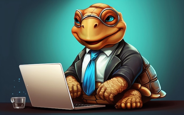 Профессиональная рептилия Happy Turtle в деловом костюме с генеративным ИИ для ноутбука