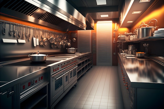 Professional restaurant kitchen interior with cooking supply and electronics Neural network generated art