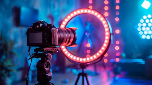 Photo professional ring light setup in vibrant studio at night