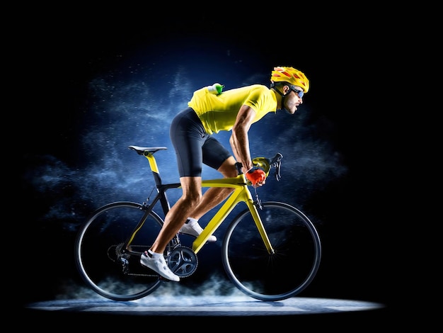 Professional road bicycle racer in action isoated on the black background