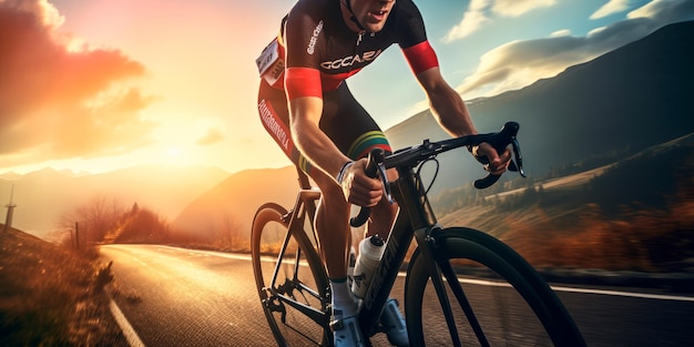 Professional road bicycle racer in action mountain road bike at sunset