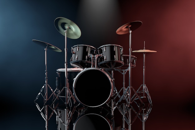 Professional Rock Black Drum Kit in the Color Volumetric Light on a black background. 3d Rendering