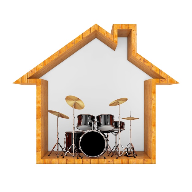 Professional rock black drum kit nel contorno della casa in legno su sfondo bianco. rendering 3d