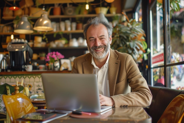 Professional Senior Businessman Working in Cafe with AI generated