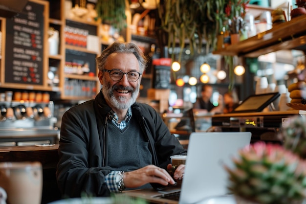 Professional Senior Businessman Working in Cafe with AI generated