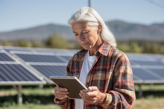 Professional senior woman engineer working with wind turbines and her tablet Green and renewable energy concept Generative AI