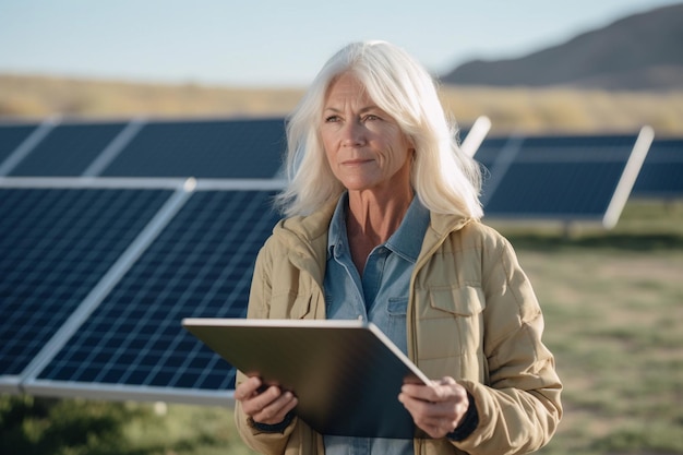 Professional senior woman engineer working with wind turbines and her tablet Green and renewable energy concept Generative AI