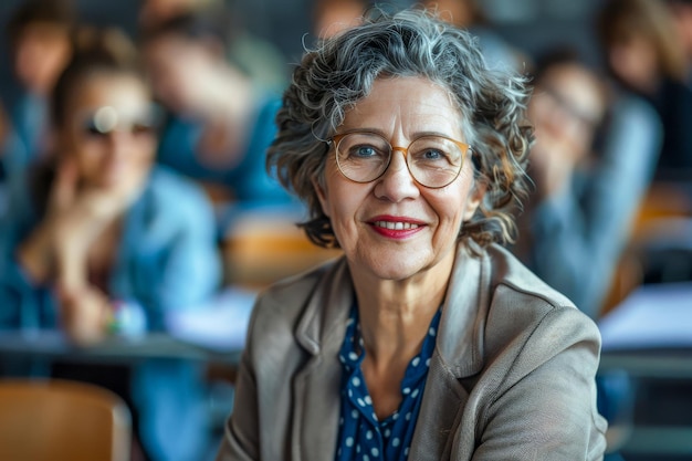 Professional senior woman with a warm smile wearing a blazer and eyeglasses in an academic setting