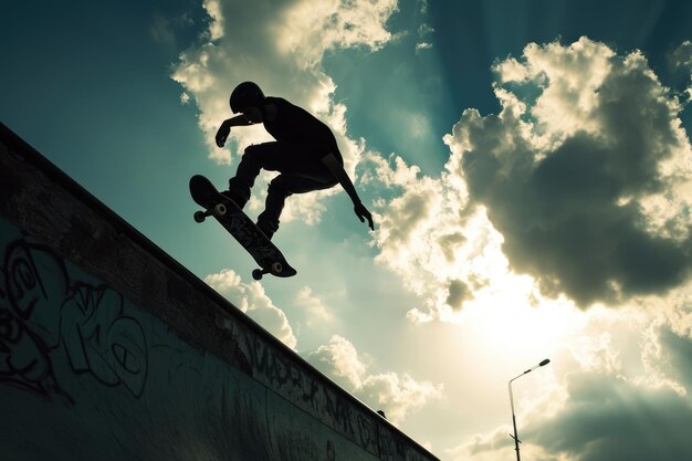 Photo a professional skater performing a spectacular jump in an urban playground ai generated