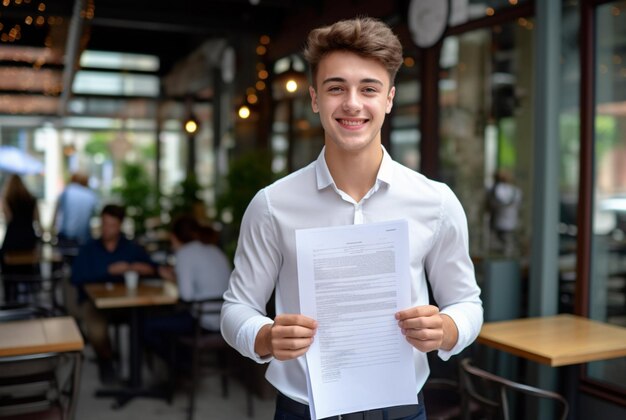 Foto un cacciatore di posti di lavoro professionista sorridente che tiene un curriculum