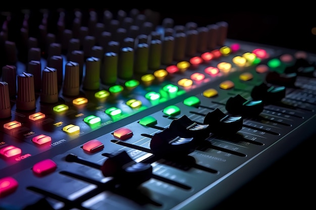 Professional sound and audio mixer control panel with buttons and sliders