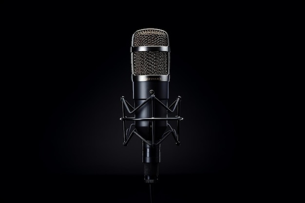 Professional Sound Recording Microphone on Black Background Generative Ai