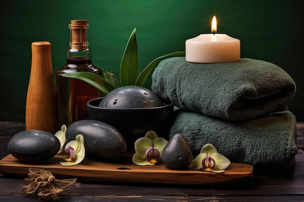 Photo professional spa setting with aromatherapy oils candles and relaxation accessories