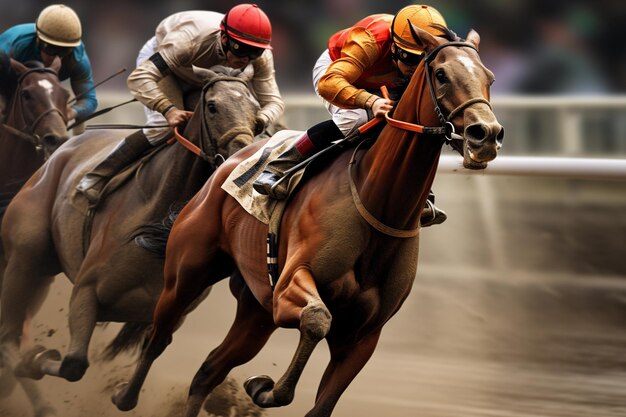 Photo professional sportsmen riding horses on racetrack fast generative ai