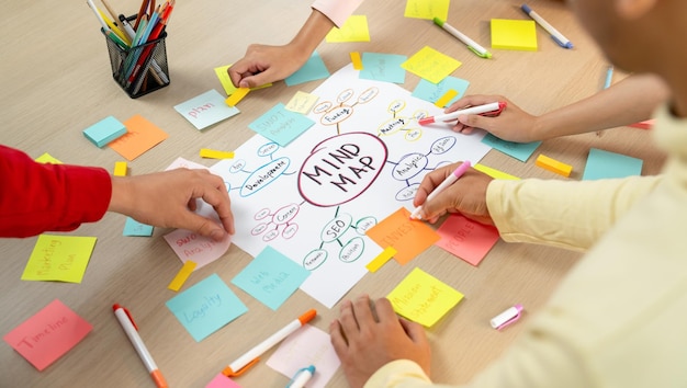 Professional startup group share creative marketing idea by using mind map Young skilled business people brainstorm business plan while writing sticky notes Focus on hand Closeup Variegated