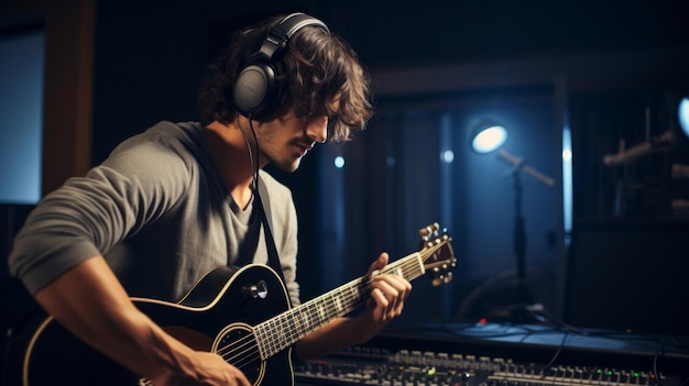 Professional studio recording by guitarist headphones on music magic