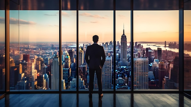 Professional successful businessman standing in the big glass building looking at the city