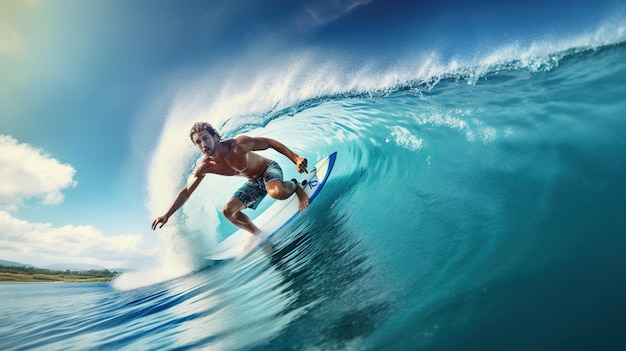 Professional surfer riding waves in beach men surfer catching waves on Blue Ocean Surfing action water board sport activity on summer copy space for text